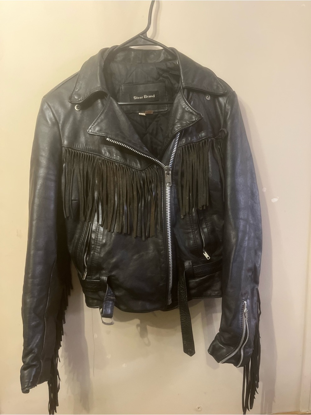 Vintage Steer Brand Black Leather Fringe Biker Jacket